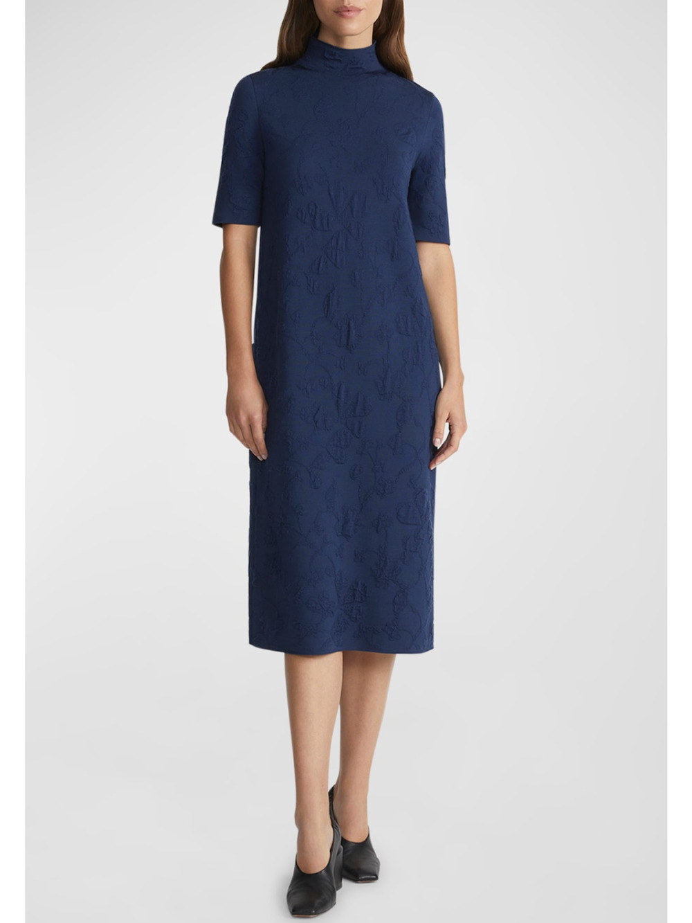 Lafayette 148 Navy Floral Jacquard Mock Neck Short Sleeve Midi Sweater Dress S
